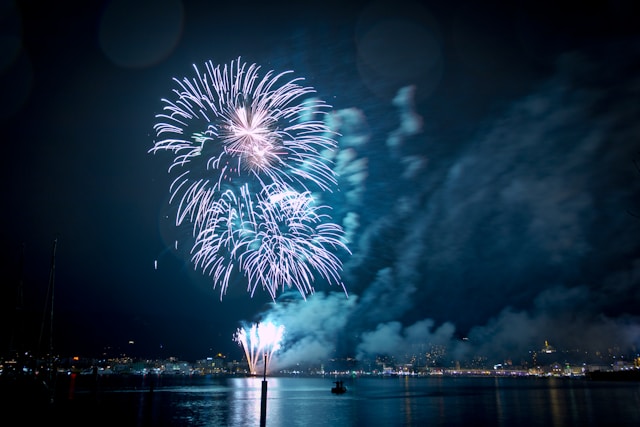 Fuochi d'artificio illuminano il cielo notturno sopra un lago