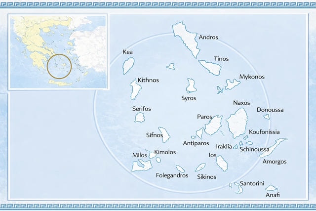 Immagine con cartina geografica dell'arcipelago delle isole Cicladi in Grecia