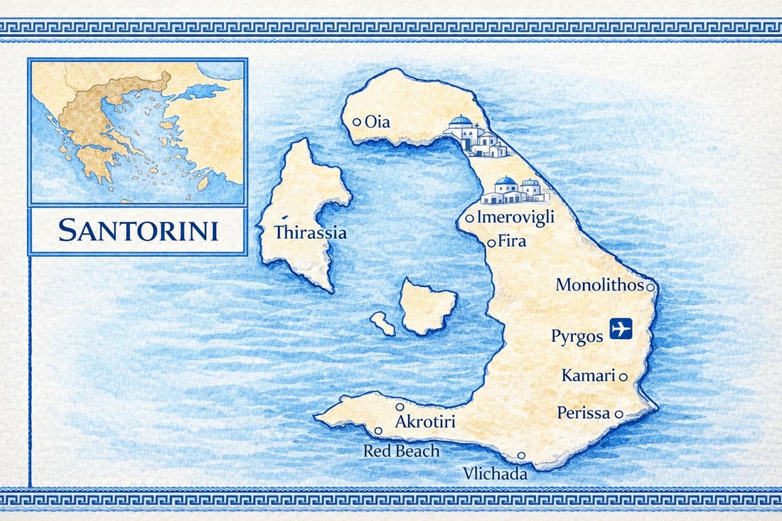 Mappa dettagliata dell'isola di Santorini con le principali località